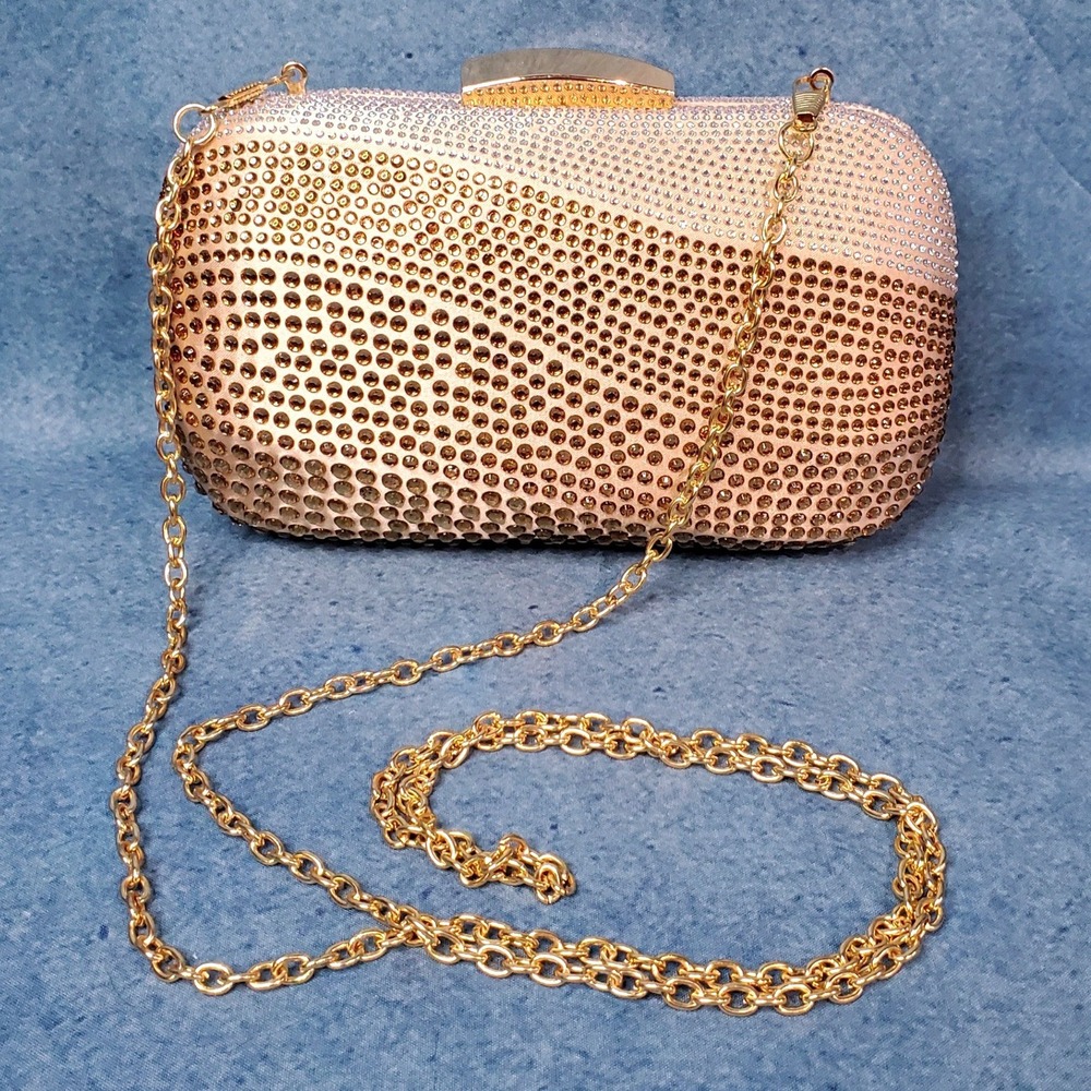 Jessica McClintock Gold Ombré Rhinestone Evening Clutch W/Detachable Chain Strap